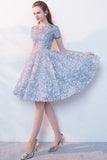 Lace A Line Short Light Blue Homecoming Dresses HZ0509