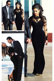 Black Illusion Appliques Sheath Long Sleeves Long Prom Dresses HZ0509