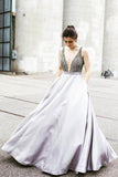 Deep V Neck Beading Prom Dress With Pockets,Sleeveless Long Evening Dress HZ0509