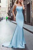 Beading Satin Scoop Mermaid Blue Long Prom Dress HZ0509