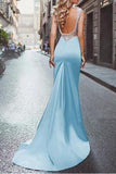 Beading Satin Scoop Mermaid Blue Long Prom Dress HZ0509