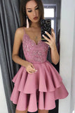 V-Neck Layered Short Prom Dress Appliques Homecoming Dress HZ0509