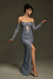 Dusty Blue Off Shoulder Sequin Split Maxi Dress HZ0509