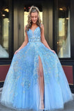 Blue Beaded Appliques Prom Dresses With Slit, Backless Party Gown HZ0509