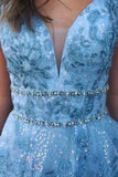 Blue Beaded Appliques Prom Dresses With Slit, Backless Party Gown HZ0509