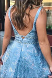 Blue Beaded Appliques Prom Dresses With Slit, Backless Party Gown HZ0509