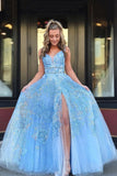 Blue Beaded Appliques Prom Dresses With Slit, Backless Party Gown HZ0509