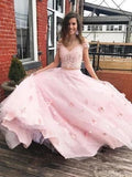 Two-piece V Neck Bridal Dresses Flowers Appliqued Pink Wedding Gowns HZ0509
