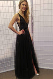 Black Long Prom Dresses Tulle V-neck Sequin With Split HZ0509