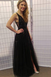 Black Long Prom Dresses Tulle V-neck Sequin With Split HZ0509