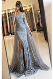 Mermaid Lace Appliques Split Overskirt Prom Dress With Long Sleeves HZ0509