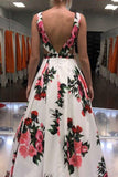 A-line V-neck Spring Floral Printed Long Prom Dress With Pockets HZ0509