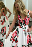A-line V-neck Spring Floral Printed Long Prom Dress With Pockets HZ0509