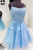 new 2025 Backless Short Light Blue Lace Prom Dresses, Homecoming dress, Formal Graduation Dress HZ0509