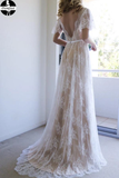 Open Back Romantic A-Line White Lace Long Wedding Dress HZ0509