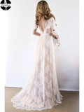 Open Back Romantic A-Line White Lace Long Wedding Dress HZ0509
