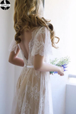 Open Back Romantic A-Line White Lace Long Wedding Dress HZ0509