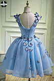 Sky Blue A Line Flowers V Neck Sleeveless Junior Prom Dress, Homecoming Dress HZ0509