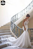 2025 Cheap Mermaid Lace Satin Ivory Spaghetti Straps V Neck Wedding Dresses HZ0509