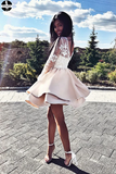 A Line Long Sleeve Satin Short Homecoming Dress, Lace Mini Party Dresses HZ0509