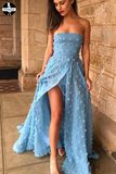 Appliques Sexy A line See Through Strapless Slit Backless Blue Prom Dresses HZ0509