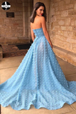 Appliques Sexy A line See Through Strapless Slit Backless Blue Prom Dresses HZ0509