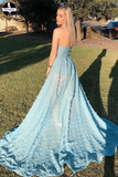 Appliques Sexy A line See Through Strapless Slit Backless Blue Prom Dresses HZ0509