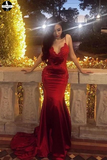 Appliques Chic Red Spaghetti Straps Mermaid V Neck Prom Dresses for Sale HZ0509