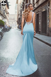 Light Sky Blue Mermaid Prom Dresses Straps Modest Long Prom Dress Evening Dresses HZ0509