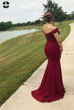 Long Burgundy Mermaid Prom Dresses Off-the-Shoulder Lace Prom Dress HZ0509