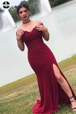 Long Burgundy Mermaid Prom Dresses Off-the-Shoulder Lace Prom Dress HZ0509