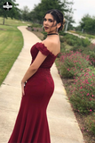 Long Burgundy Mermaid Prom Dresses Off-the-Shoulder Lace Prom Dress HZ0509