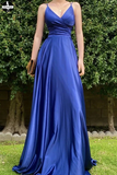 Satin Royal Blue V neck Prom Dresses, A Line Lace up Evening Dresses for sale HZ0509