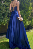 Satin Royal Blue V neck Prom Dresses, A Line Lace up Evening Dresses for sale HZ0509