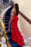 Long Red Mermaid Criss Cross Prom Dresses, Cheap Evening Dresses HZ0509