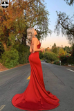 Long Red Mermaid Criss Cross Prom Dresses, Cheap Evening Dresses HZ0509