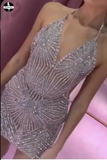 Sexy Sparkly Halter Mermaid Short Prom Dresses, Backless V neck Cocktail Dresses HZ0509
