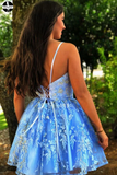 A Line Spaghetti Straps Blue Homecoming Dresses, Appliques V Neck Short Prom Dress HZ0509