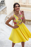 Yellow Floral Satin Illusion Back Daffodil V Neck Homecoming Dresses Short Cocktail Dresses HZ0509