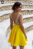 Yellow Floral Satin Illusion Back Daffodil V Neck Homecoming Dresses Short Cocktail Dresses HZ0509