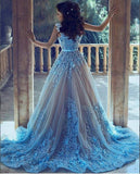 A-Line Wedding Dresses,Blue Sleeveless Tulle Wedding Dress With Chapel Train,Princess Wedding Dress HZ0509