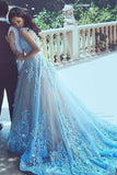 A-Line Wedding Dresses,Blue Sleeveless Tulle Wedding Dress With Chapel Train,Princess Wedding Dress HZ0509