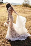 Romantic Long Appliques Backless Lace Mermaid Ivory Long Sleeve Wedding Dresses HZ0509