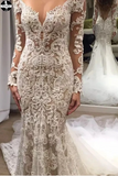 Romantic Long Appliques Backless Lace Mermaid Ivory Long Sleeve Wedding Dresses HZ0509