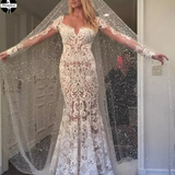 Romantic Long Appliques Backless Lace Mermaid Ivory Long Sleeve Wedding Dresses HZ0509