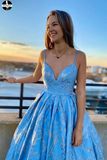 A-line Spaghetti Straps Blue Long Prom Dress, Evening Dress online HZ0509