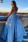 A-line Spaghetti Straps Blue Long Prom Dress, Evening Dress online HZ0509