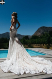 V-Neck Ruched Backless Lace Pockets Mermaid White Wedding Dress HZ0509