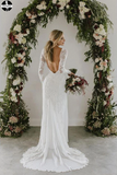 Sheath A Line Long Sleeves Ivory Rustic Lace Backless Scoop Neck Beach Wedding Dresses HZ0509