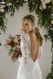 Sheath A Line Long Sleeves Ivory Rustic Lace Backless Scoop Neck Beach Wedding Dresses HZ0509